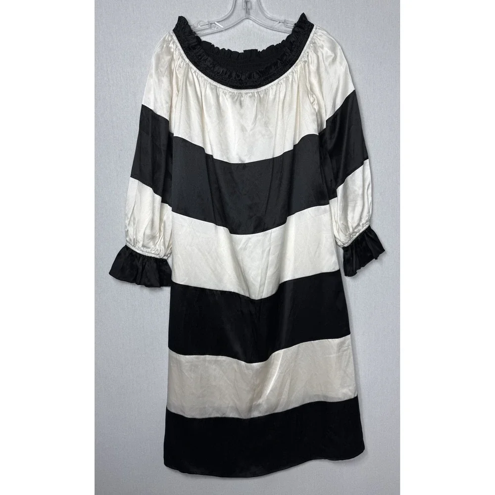 Cynthia Rowley Shanley Dress Medium Silk Striped Long Sleeve Ruched Neck - Picture 4 of 11